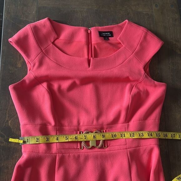 Tahari Arthur Levine Coral Pink Sheath Dress Gold
Belted Front - Picture 9 of 13